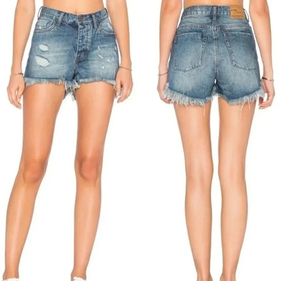 Revolve One Teaspoon High Waist Bonita Jean Short Fringe Blue Distressed Cutoffs - Picture 1 of 15